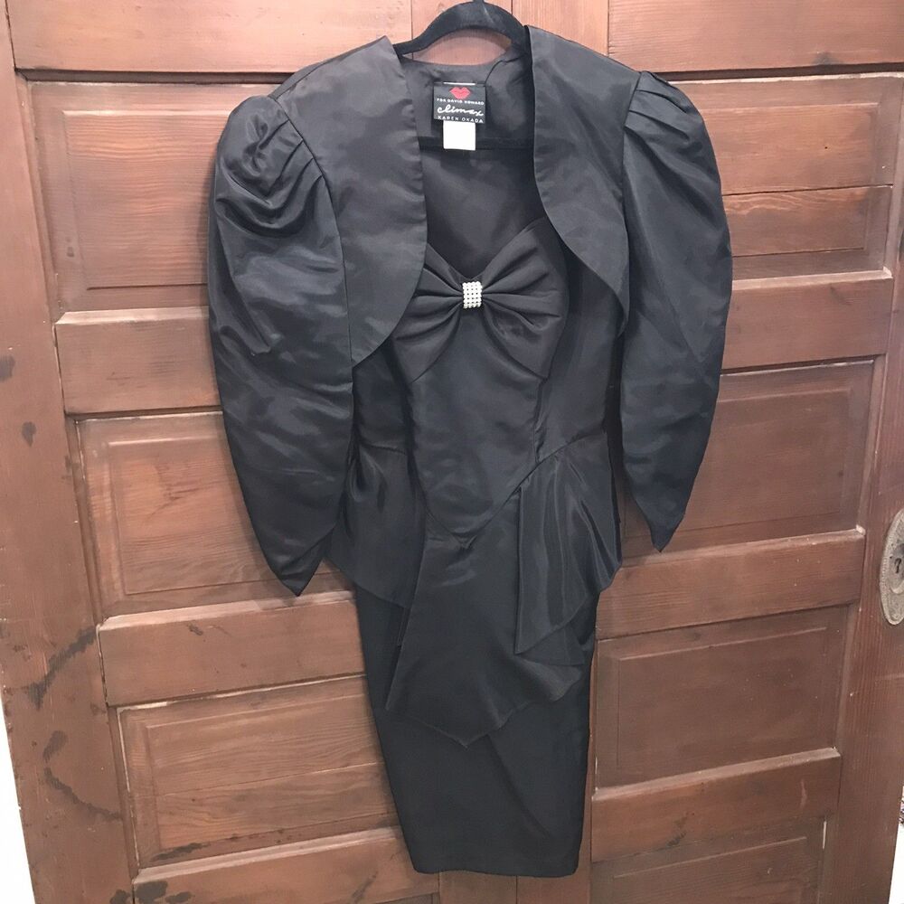 VTG Climax by David Howard 80s Black Dress With Jacket Size 9/10 Rhinestone Bow